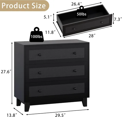 Miniatura 2 de Cómoda de 3 cajones para dormitorio, pequeña cómoda bohemia de ratán natural para armario, cajonera, organizador moderno de almacenamiento de ropa