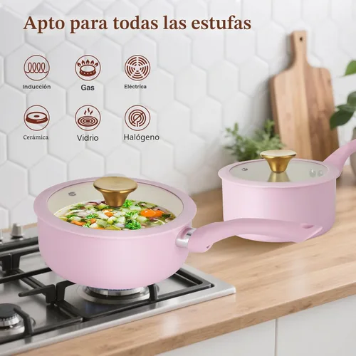 Miniatura 5 de M MELENTA Juego de ollas y sartenes antiadherentes, juego de utensilios de cocina de cerámica rosa, utensilios de cocina de inducción de 11 piezas