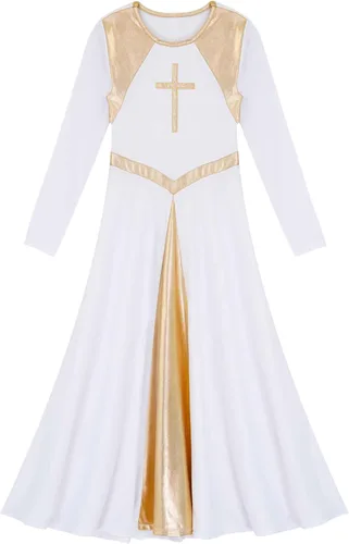 Miniatura 4 de CHICTRY Vestido de baile de alabanza litúrgica metálico para niños y niñas, manga larga, bloque de color, disfraz de adoración lírica, ropa de baile