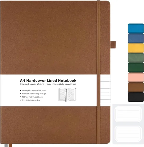 Miniatura 10 de Cuaderno con rayas universitarias, cuaderno de cuero de tapa dura A4 para el trabajo, cuaderno diario rayado para mujeres, hombres, 192 páginas