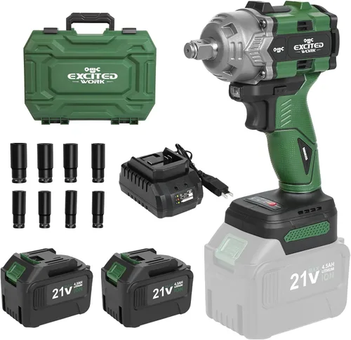Juego de llave de impacto sin escobillas de 20 V, llave de impacto de 1/2 pulgada de 600 Nm con 2 baterías de 4.5 Ah, pistola de impacto de alto par