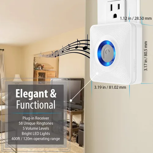 Miniatura 3 de Fosmon WaveLink - Timbre de puerta inalámbrico con rango de 500 pies, 58 melodías, 5 niveles de volumen e indicadores LED para hogar