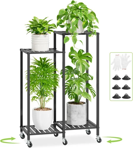 iDavosic.ly Soporte para plantas de 4 niveles para interiores con ruedas, estante de metal escalonado para flores al aire libre para macetas Negro