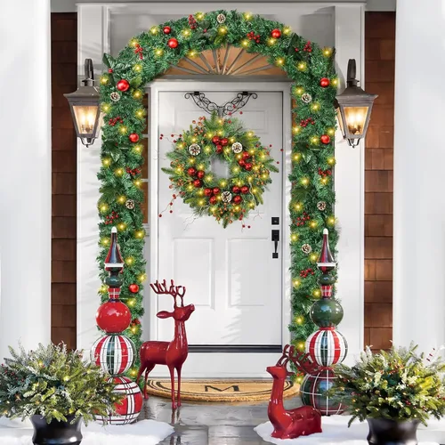 Miniatura 6 de Beinhome Guirnalda de Navidad Preiliminada de 9 Pies, Guirnalda Artificial de Puerta de Navidad con Temporizador de Luces, Decoraciones de Guirnalda