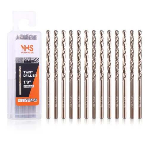 Brocas de cobalto de 1/8 pulgadas (13 unidades), acero de alta velocidad M35, punta de 135 grados, juego de brocas helicoidales de longitud Jobber