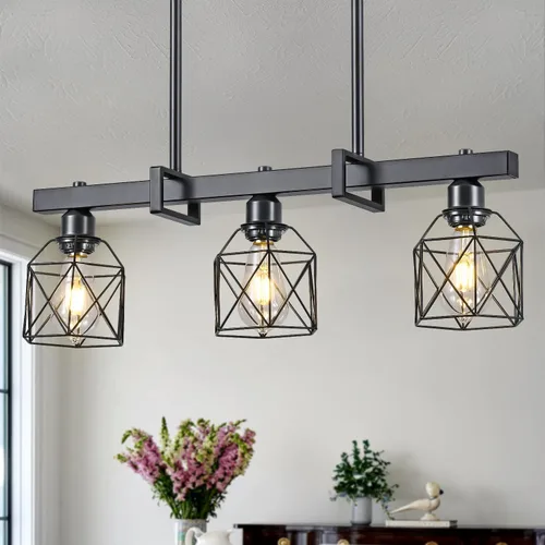 Miniatura 8 de Lámpara colgante industrial vintage de 3 luces sobre mesa, luz colgante ajustable con acabado de nogal y marco de metal negro mate, base E26