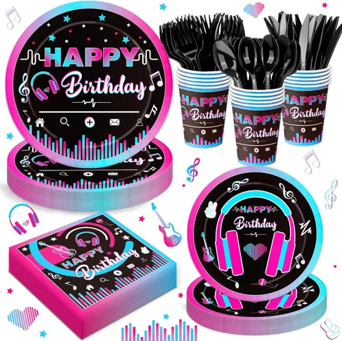 Juego de vajilla de 168 piezas de suministros para fiestas musicales, platos de papel desechables, servilletas, tazas, cubiertos para decoración de