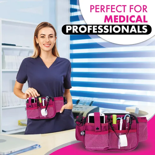 Miniatura 6 de First Lifesaver Riñonera para enfermera con múltiples compartimentos y soporte para cinta, Rosado, L, Riñonera manos libres con múltiples