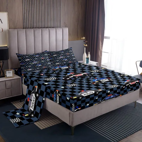 Miniatura 41 de Juego de sábanas para cama de coche de bomberos, juego de sábanas de coche de policía con bolsillo profundo, sábana bajera ajustable para decoración