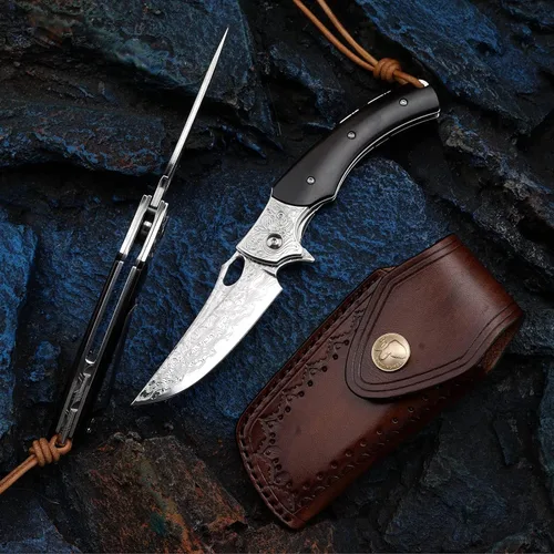 Miniatura 2 de Cuchillo plegable japonés VG10 de acero Damasco de 3.5 pulgadas para exteriores con mango de madera negra, cerradura forrada, uso EDC y camping