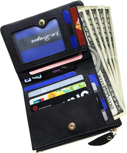 Miniatura 3 de PofeeXIO Carteras pequeñas Rfid para mujer, billetera plegable con bolsillo para monedas, mini monedero suave y compacto, Negro oscuro, Minimalista