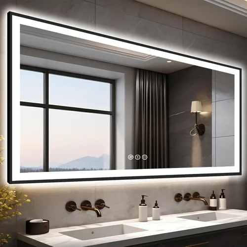 Miniatura 13 de Espejo de baño LED de 20 x 28 pulgadas para pared, marco negro (metal, aluminio), luz frontal y retroiluminada, 3 colores y espejo de tocador