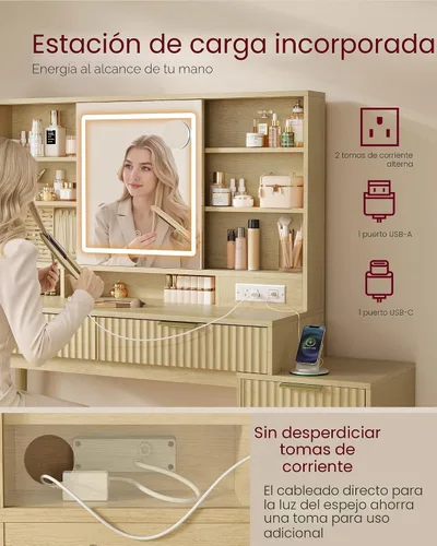 Miniatura 7 de VASAGLE Colección MAXE - Escritorio de tocador con espejo deslizante y luces, tocador de maquillaje estilo Mid Century Modern estriado con espejo