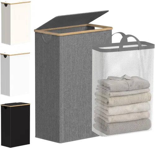 Miniatura 24 de efluky Cesta de lavandería con tapa y bolsa extraíble, cesta de lavandería de 100 litros de alto con asas de bambú, papelera estética para ropa Gris
