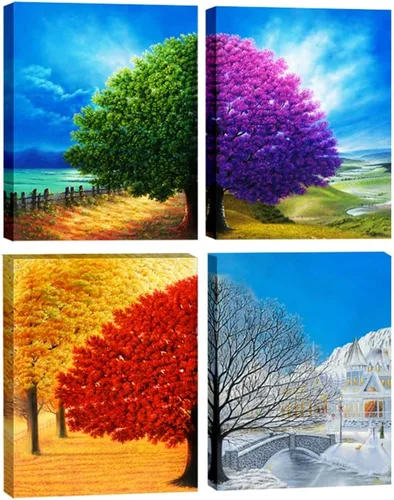 Miniatura 8 de Wieco Art Lienzo decorativo de 4 paneles para pared, diseño de árbol de cuatro estaciones, coloridas impresiones de paisaje de primavera, verano