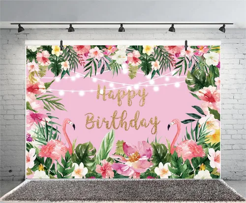 Miniatura 4 de Telón de fondo de cumpleaños de flamenco rosa de 8 x 6 pies, para verano, tropical, flor de palmera hawaiana, telón de fondo para fotos, temática