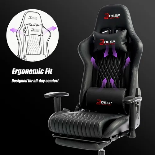 Miniatura 6 de Silla de juegos con reposapiés, silla de juego ergonómica con soporte lumbar y reposabrazos giratorio, silla reclinable para computadora de altura