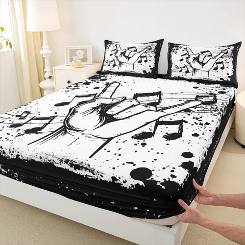 Miniatura 5 de Erosebridal Juego de sábanas de tamaño individual con temática musical, con estampado de notas musicales, juego de cama ajustable en blanco y negro