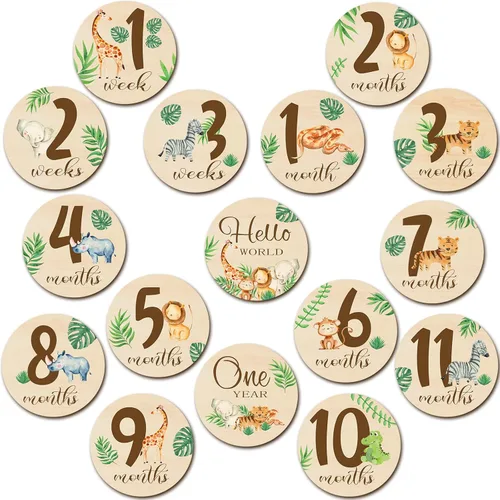 Miniatura 9 de Tiamon 16 tarjetas mensuales de madera para bebé, discos de marcador de hitos mensuales, círculos de madera de doble cara, letreros de meses