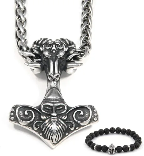 BAVIPOWER Viking Ram - Colgante de cabeza de cabra Mjolnir, collar de martillo de Thors de acero inoxidable, joyería pagana nórdica para hombres y