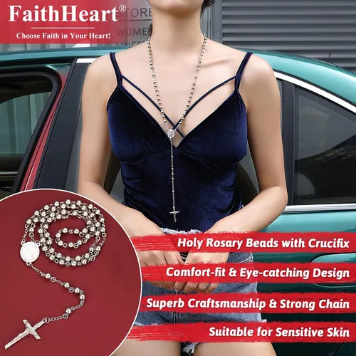 Miniatura 3 de FaithHeart Christian Rosary Bead Cross Necklace for Women Men, Stainless Steel Praying Rosary Y Necklace Jewelry, Gift Box