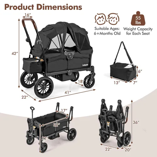 Miniatura 9 de INFANS Cochecito Vagón para 2 niños, barra plegable ajustable con asa de empujar y tirar, cochecito vagón de 2 plazas con toldo extraíble y bandeja