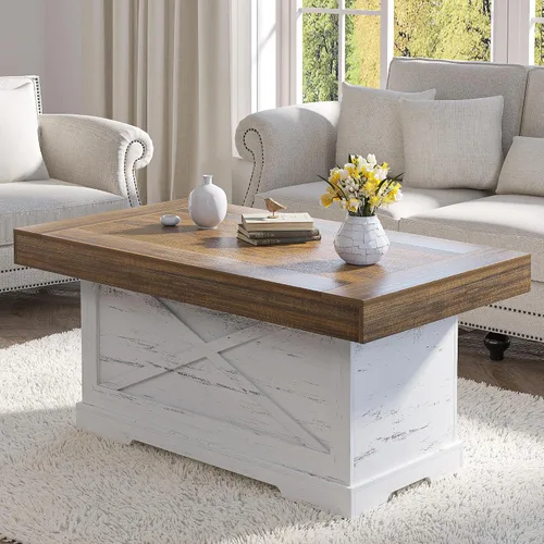 Miniatura 13 de Mesa de café Lareth 39 pulg. Mesa de centro rústica con pedestal de madera en X para sala de estar, ahorro de espacio, mesa de té de diseño
