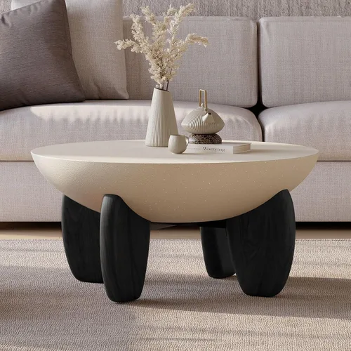 Miniatura 11 de homary - Mesa de café redonda de hormigón con patas premium de madera de nogal y fresno, mesa central de acabado de cemento moderno minimalista