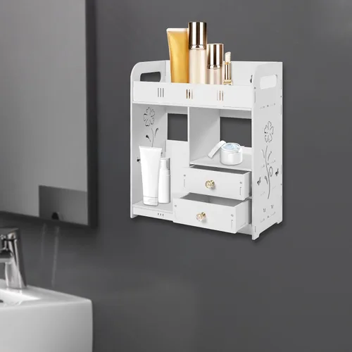 Miniatura 5 de Armario de baño, estante montado en la pared con cajón, estantes de madera para medicamentos, organizador de almacenamiento sobre el inodoro