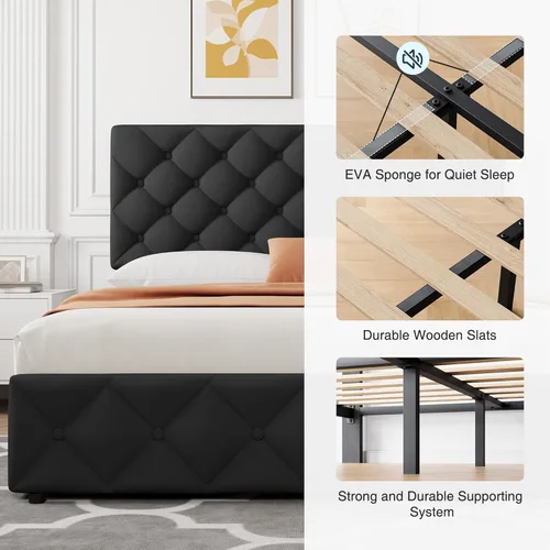 Miniatura 4 de IDEALHOUSE Base de cama de tamaño matrimonial con 4 cajones de almacenamiento y cabecera ajustable, camas de plataforma tapizadas con tapizado