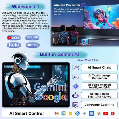 Miniatura 4 de Tableta 2025 con Android 15 de 10 pulgadas con teclado de 30 GB de RAM 64 GB ROM, tableta 2 en 1 Octa-Core con Gemini AI, WiFi 5G, 6000 mAh, Negro