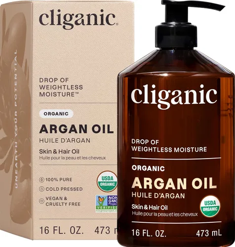 Aceite de argán orgánico Cliganic 16 oz con bomba, 100% puro | A granel para cabello, cara y piel (el empaque puede variar)