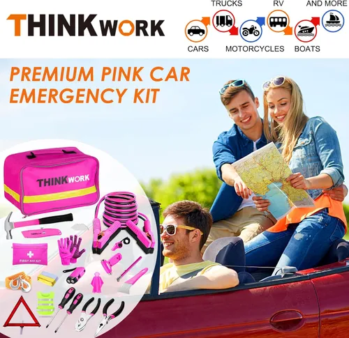 Miniatura 7 de THINKWORK - Kit de emergencia de coche para regalos de adolescentes y damas, kit de asistencia en carretera rosa con juego de herramientas