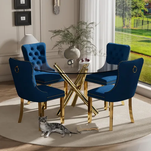Miniatura 47 de Juego pequeño de mesa redonda con tapa de vidrio transparente para 2, 36'' Juego moderno de lujo para cenas circulares, 3 piezas Juego minimalista
