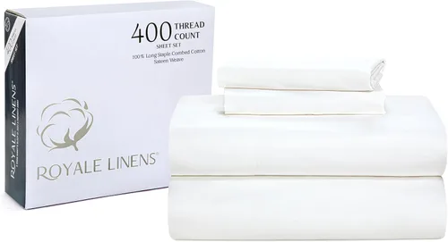 Miniatura 31 de Royale Linens - Juego de sábanas de 400 hilos, 100 % algodón cultivado en EE. UU., 4 piezas, sábana de satén, tamaño Queen - 1 sábana bajera, 1