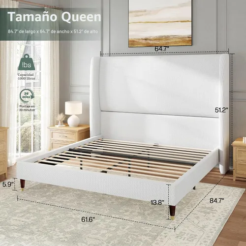 Miniatura 2 de Jocisland - Base de cama tapizada tamaño Queen con cabecera de ala alta de 51.2" con patas de madera maciza, no necesita cajón de resortes