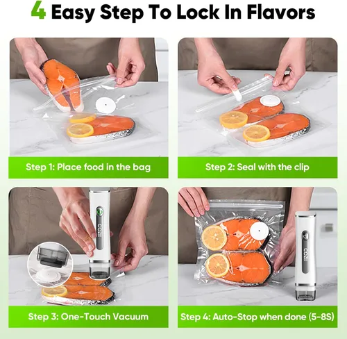 Miniatura 6 de COZII Sellador al vacío para alimentos, potente sellador al vacío de mano con 30 bolsas reutilizables, diseño recargable con tanque desmontable
