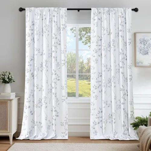 Miniatura 21 de Beauoop Cortinas Florales 100% Opacas de 54 Pulgadas de Largo, 2 Paneles para Dormitorio, Sala de Estar, Azul Gris y Blanco con Patrón de Flores