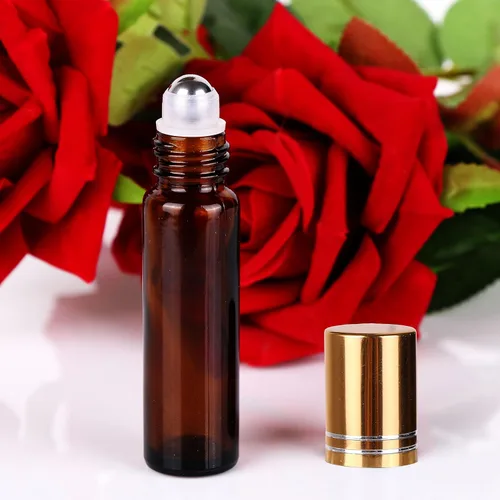 Miniatura 2 de inice 100 botellas de roll-on de 10 ml de vidrio ámbar para aceites esenciales con bolas de rodillo de acero inoxidable y tapa de aleación