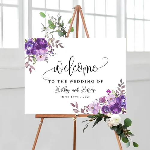 Miniatura 20 de Cartel de bienvenida de boda floral azul claro personalizado, cena de ensayo para parejas, ducha, aniversario, fiesta, póster de bienvenida, lienzo