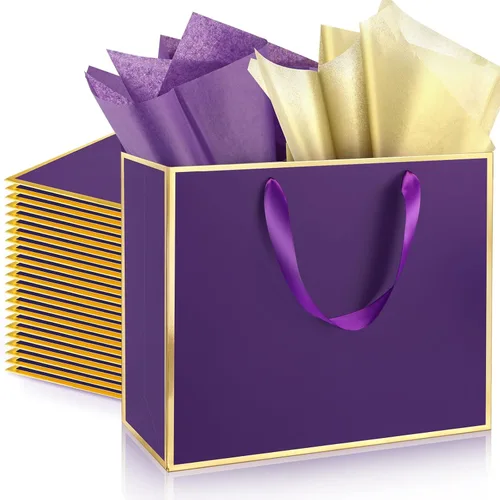 Miniatura 38 de ReliThick Paquete de 12 bolsas de regalo de papel metálico con asas y papel de seda de 11.8 x 10 x 4 pulgadas, bolsa de agradecimiento para Azul
