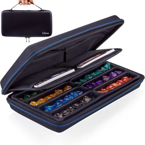 SIQUK Estuche para dados DND, estuche organizador de dados con asa, bandeja ranurada extraíble con capacidad para 8 juegos de dados DND para Azul