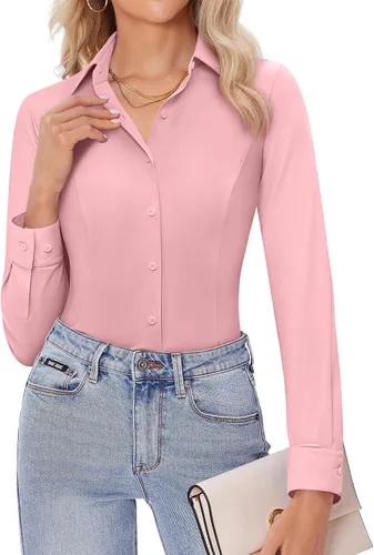 Miniatura 10 de Siliteelon - Camisas de vestir para mujer, manga larga, ajustadas, con botones, elásticas, sin arrugas, con cuello, para negocios, casual, blusa