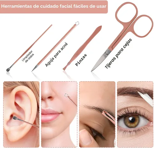 Miniatura 4 de Juego portátil de cortaúñas y herramientas de belleza, juego de manicura de oro rosa, 12 en 1. Bolsa de cuero rosa martensítica, adecuada