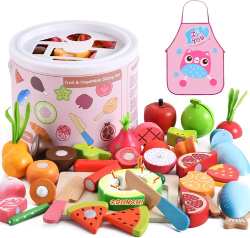 WHOHOLL 45 piezas de juguetes de madera para niños, juego de cocina, accesorios de cocina con delantal, juguetes Montessori de corte de alimentos,