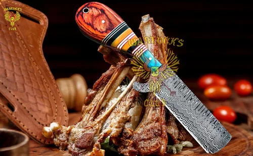 Miniatura 7 de Cuchillo de caza de Damasco hecho a mano, cuchillo de hoja fija de 8 pulgadas con funda, cuchillo de vaquero de espiga completa, cuchillo de Multi
