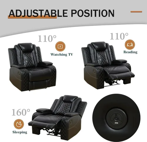 Miniatura 3 de Pon Living - Lujoso juego de sofá reclinable de cuero con LED, juego de sofá reclinable eléctrico, juegos de muebles de sala con portavasos/puerto