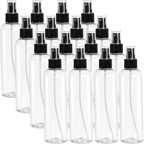Bekith Paquete de 16 botellas de plástico de 8 onzas, botellas rociadoras de niebla fina vacías transparentes con tapa de pulverización de bomba