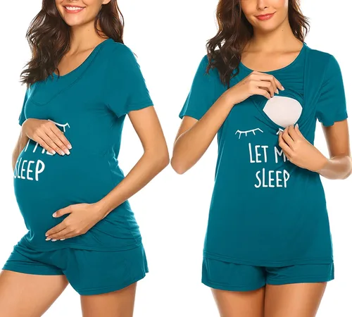 Ekouaer - Conjunto de pijama de maternidad para el hospital o el hogar, con camiseta para lactancia y pantalón corto ajustable para el embarazo