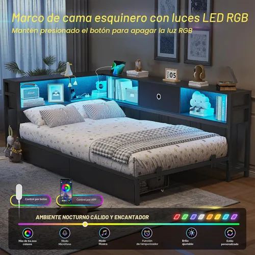 Miniatura 4 de DICTAC Marco de cama esquinero con 2 cajones de almacenamiento y cabecero de estantería individual XL, marco de cama de plataforma de metal con Negro
